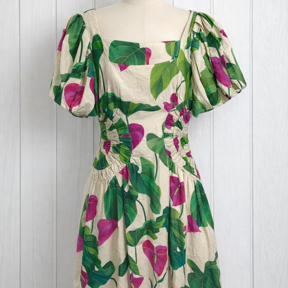 FARM RIO NWT Anthurium Leaves Puff Sleeve Mini Dress Size Small
